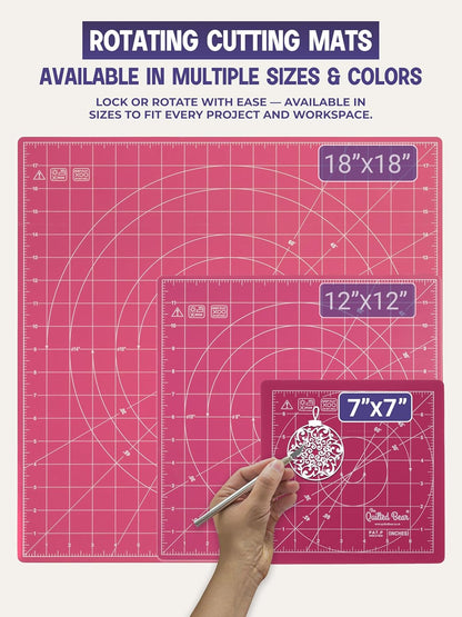 The Quilted Bear Rotating Cutting Mat 12" x 12" - Locking & Rotating Self Healing Cutting Board for Sewing, Fabric & Quilting - 360 Degree Sewing Supplies Mat for Craft Table (Pink)