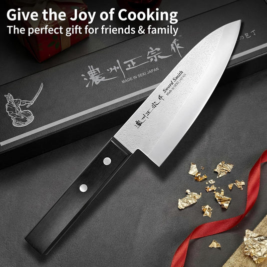 8 Inch Japanese Chef Knife, Made in Japan, Full Tang High Carbon Molybdenum Stainless Steel Gyuto Knife with Hammered Finish for Rock Chopping Meat, Fish and Vegetables