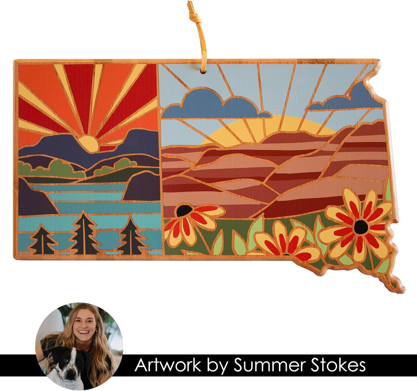 Totally Bamboo North Carolina State Shaped Cutting Board and Charcuterie Serving Platter with Artwork by Summer Stokes, Includes Hang Tie for Wall Display 18" x 8" x 5/8" - Colors B