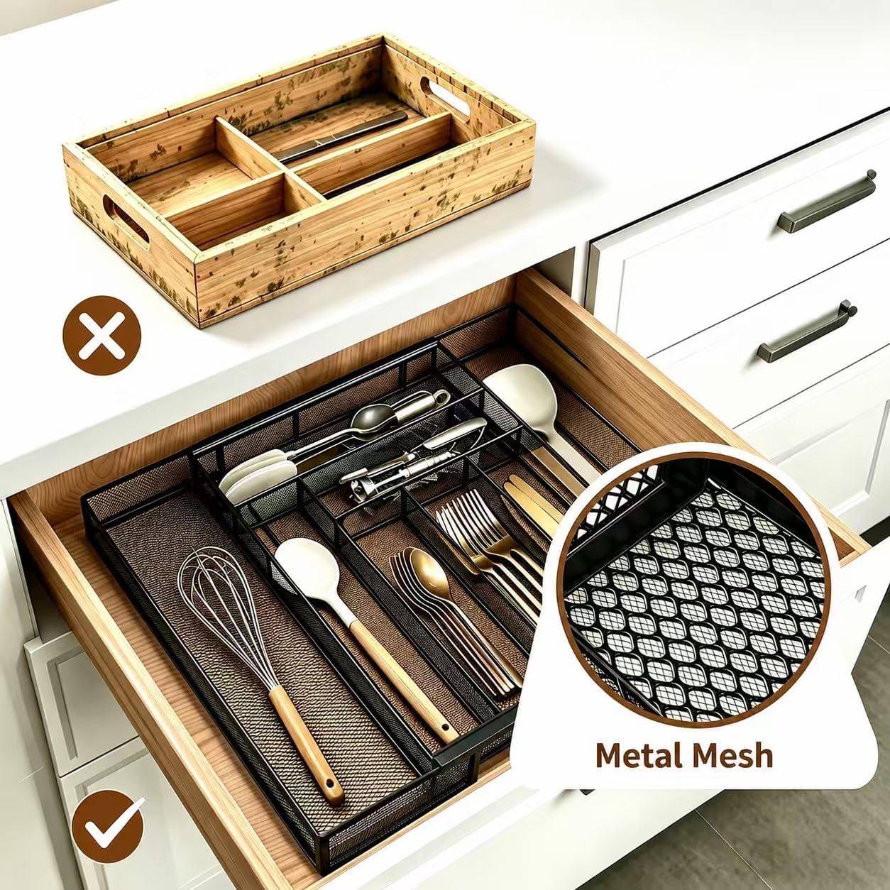 Sedegn Silverware Organizer Metal Mesh, Large Drawer Organizer, Utensil Cutlery Tray for kitchen drawers, Flatware Organizer with 6 Compartment, Black (11.3”*16“)