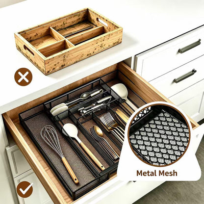 Sedegn Silverware Organizer Metal Mesh, Large Drawer Organizer, Utensil Cutlery Tray for kitchen drawers, Flatware Organizer with 6 Compartment, Black (11.3”*16“)