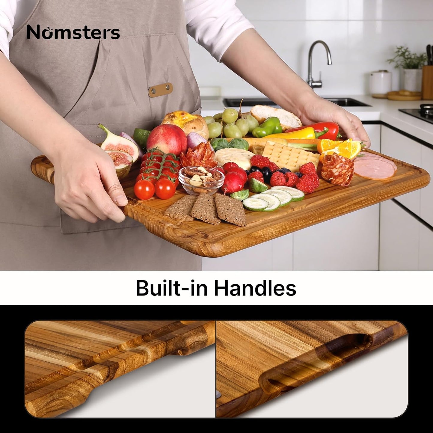 4 Pack Teak Cutting Board Set for Kitchen Heavy Duty Non Toxic Non Slip Solid Thick Wood Haus Chopping Board Extra Large Big Small Meat Best Wooden Charcuterie Board