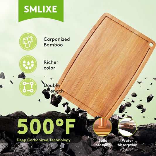 Bamboo Cutting Boards for Kitchen [Set of 3],Carbonized Wood Cutting Board Set with Deep Juice Groove for Chopping Meat, Vegetables, Fruits, Nuts,Lightweight & Durable,Ideal Kitchen Gift