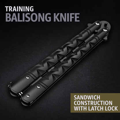 GOOD WORKER Butterfly Knife - Balisong Trainer - Black Practice Butterfly Trainer with Sure Spring Latch - Balisong Knives NOT Real NOT Sharp Blade - Full Stainless Steel Fake Dull Trick