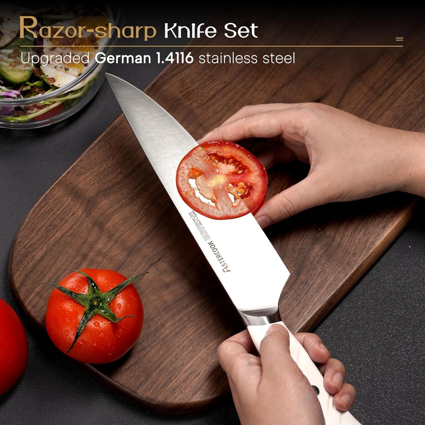 Astercook Knife Set, Kitchen Knives Set with Block and Dual Sharpener Full Tang 15 Pcs German Stainless Steel Knives Sharp Blade Dishwasher Safe Knife Set with Ergonomic Handle, Elegant Black