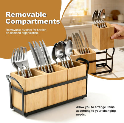 Kitchen Utensil Holder for Countertop, 3 Compartments Wooden Utensils Organizer for Cooking Utensils, Silverware, Spatula, Fork, Knife, Cutlery Storage for Kitchen Counter-White