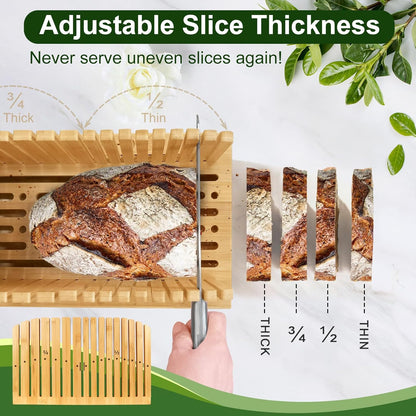 Bread Slicer for Homemade Bread, 5-Piece Bamboo Sourdough Bread Cutter Kit with Knife & Crumb Tray& Bread Bag, Manual Loaf Slicer Adjustable Bread Slicer Guide for Bagels, Sandwiches, Baking Tools