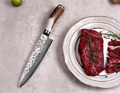 SUNLONG Usuba & Nakiri Knife 6.5 inch Fruit and Vegetable Knife Japanese Hammered Damascus Steel Super sharp - Natural Deer Horn Handle