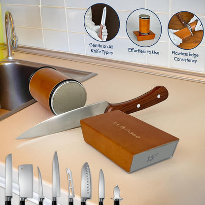 ELOA360 Knife Sharpener, Rolling Knife Sharpener Kit with Diamond and Ceramic Discs with 15° and 20° Magnetic Angle, kitchen knife sharpener, Razor-Sharp knife sharpening Tool