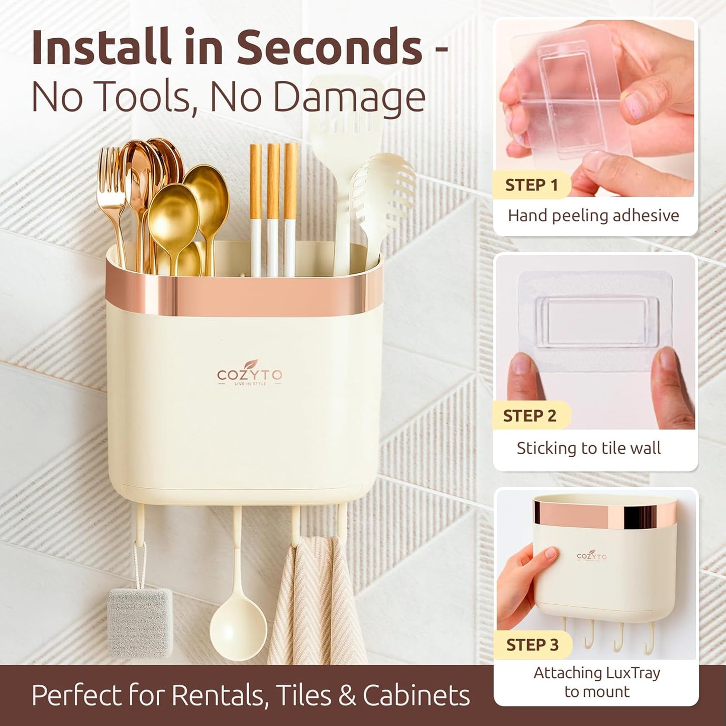 COZYTO LuxTray U1-Pro Wall Mounted Utensil Holder – Kitchen Organizer with Hooks, Dividers & Drain Tray, No-Drill Adhesive Wall Mount Storage, BPA-Free (Cream White & Shiny Silver)