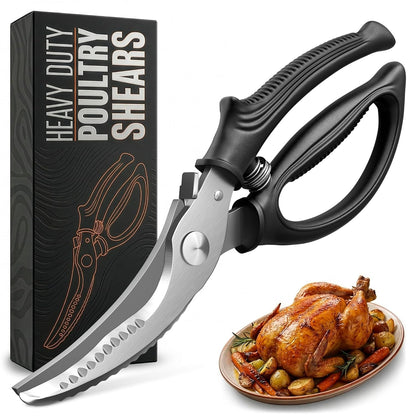 Stainless Steel Poultry Shears – Heavy Duty Kitchen Shears for Food with Hardened Blades, One-Hand Safety Lock, Spring Mechanism, Dishwasher Safe – Chicken, Meat Cutting, Turkey, Fish, and Vegetables