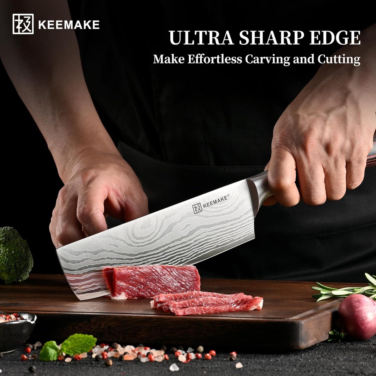 KEEMAKE 7 Inch Nakiri Knife - Japanese Kitchen Vegetable Cleaver, Razor Sharp German High Carbon Meat Slicing Cutter, Ergonomic Pakkawood Handle with Sheath, Father Day Gifts