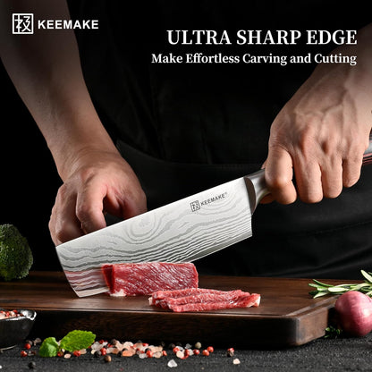 KEEMAKE 7 Inch Nakiri Knife - Japanese Kitchen Vegetable Cleaver, Razor Sharp German High Carbon Meat Slicing Cutter, Ergonomic Pakkawood Handle with Sheath, Father Day Gifts
