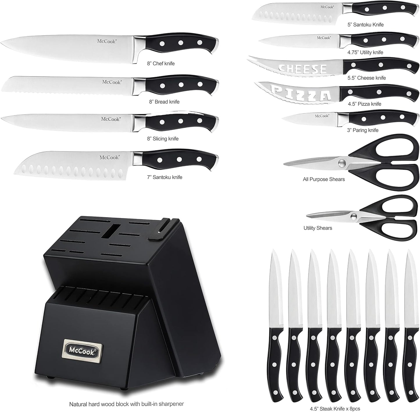 McCook® Knife Sets,German Stainless Steel Kitchen Knife Block Set with Built-in Sharpener