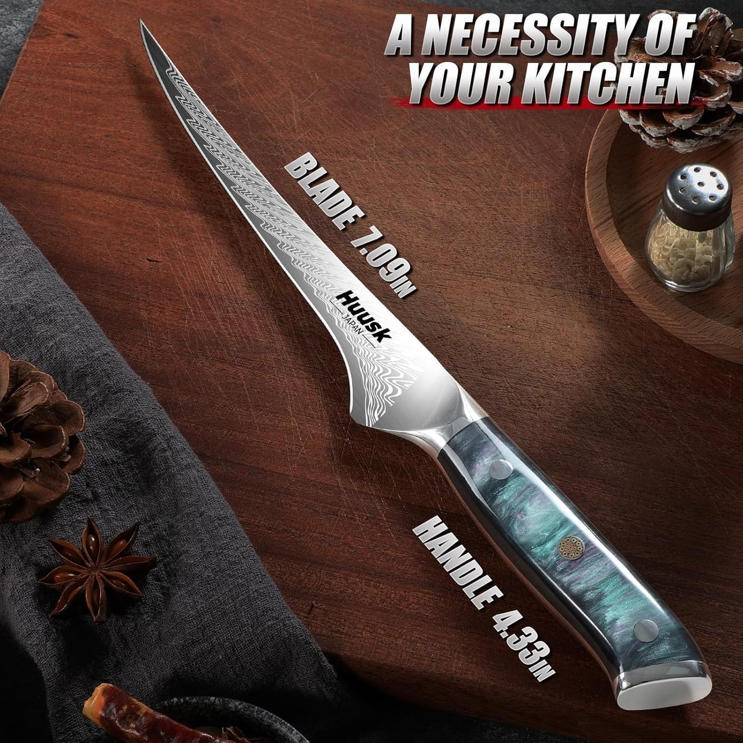 Huusk Fillet Knife for Fish & Meat 7" - Stainless Boning Knife for Meat Cutting & Processing with Sheath, Flexible Fish Filleting Knives for Salmon, Ultra Sharp Deboning Knives, Men's Christmas Gifts