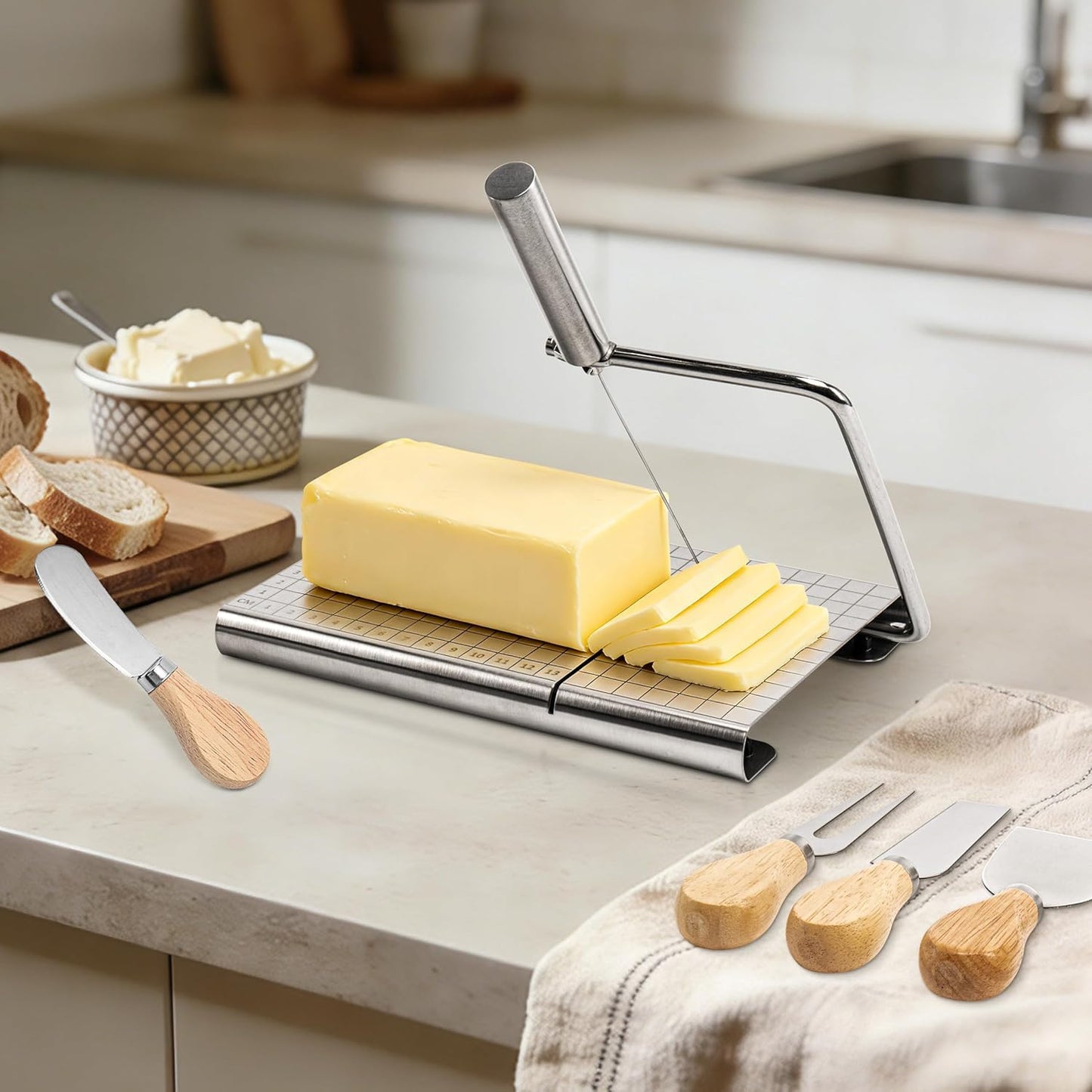 RedCall Cheese Slicer with 4 Piece Cheese Knives Set, Stainless Steel Cheese Cutter with Measuring Grids,Tightness Adjustable Wire Cheese Slicer for Block Cheese, with 5 Extra Wires