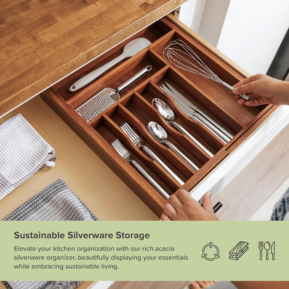 KitchenEdge Premium Silverware, Flatware and Utensil Organizer for Kitchen Drawers, Food-Safe Contract Grade, Expandable from 18 to 33 In, Natural Bamboo