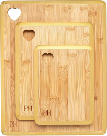Paris Hilton Bamboo Cutting Board for Kitchen, Reversible Cutting Board and Cutlery Set with High Carbon Stainless Steel Knives and Blade Guards, Comfortable Handle Grips, 7-Piece Set, Gold and Pink
