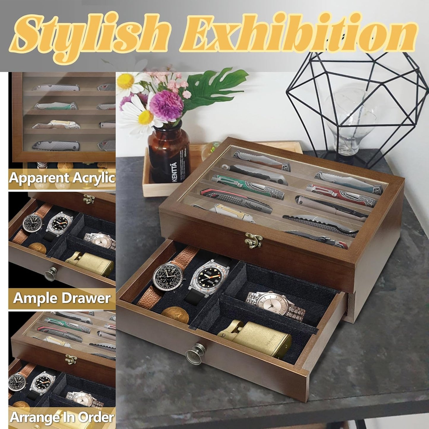 Knife Display Case,2 Layer Pocket Knife Display Case Wood, Knife Collection Display Case with Drawers, Pocket Knife Organizer for Gifts, Black