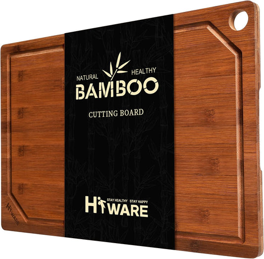 Hiware 4 Pieces Extra Large Wooden Cutting Boards Set- Bamboo Cutting Boards for Kitchen Meal Prep & Serving, Cutting Board with Deep Juice Groove & Built-in Handles, Charcuterie & Chopping Board
