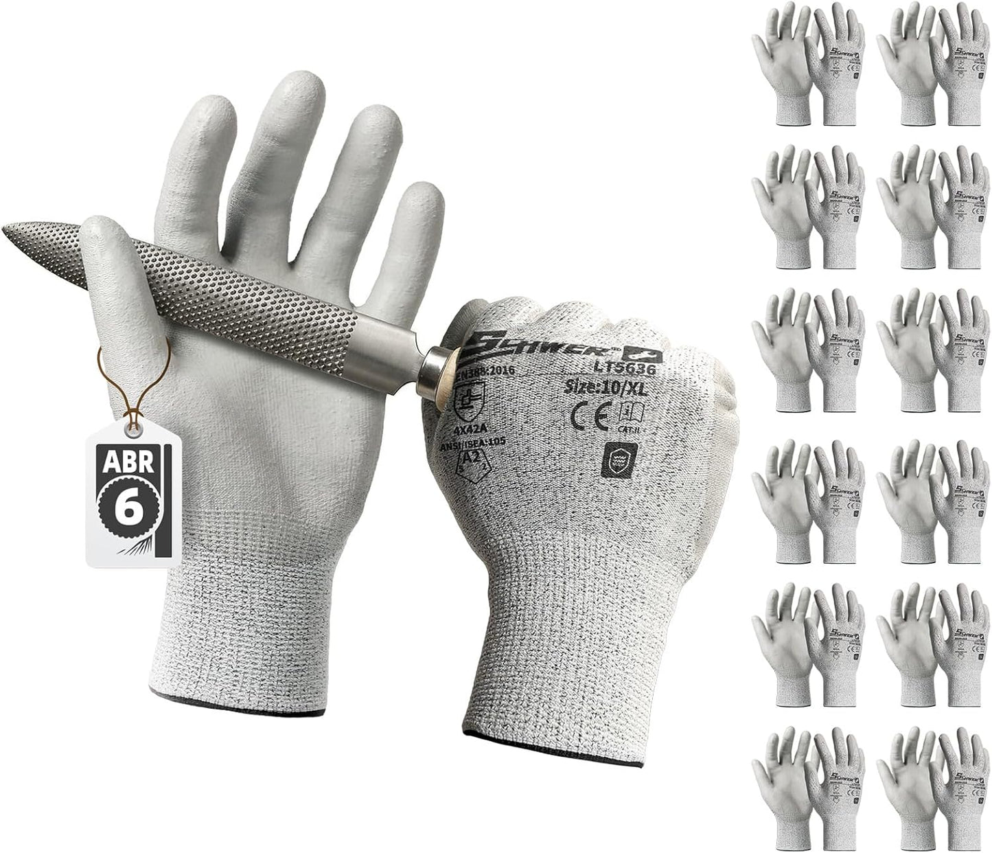 Schwer 6 Pairs ANSI A2 Cut Resistant Work Gloves with Certified Level 6 Ultra Abrasion Resistance, Safety Gloves with Grip for General Use, Construction, Gardening, Mechanic, 3D-Comfort, LT5636, L