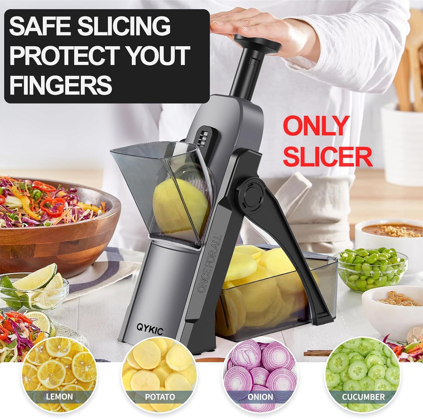 QYKIC Safe Mandoline Slicer, Potato Clips Slicer, Vegetable Food Slicer, Thickness Adjustable for Cucumber Onion Carrot Lemon (Only Slicer White)