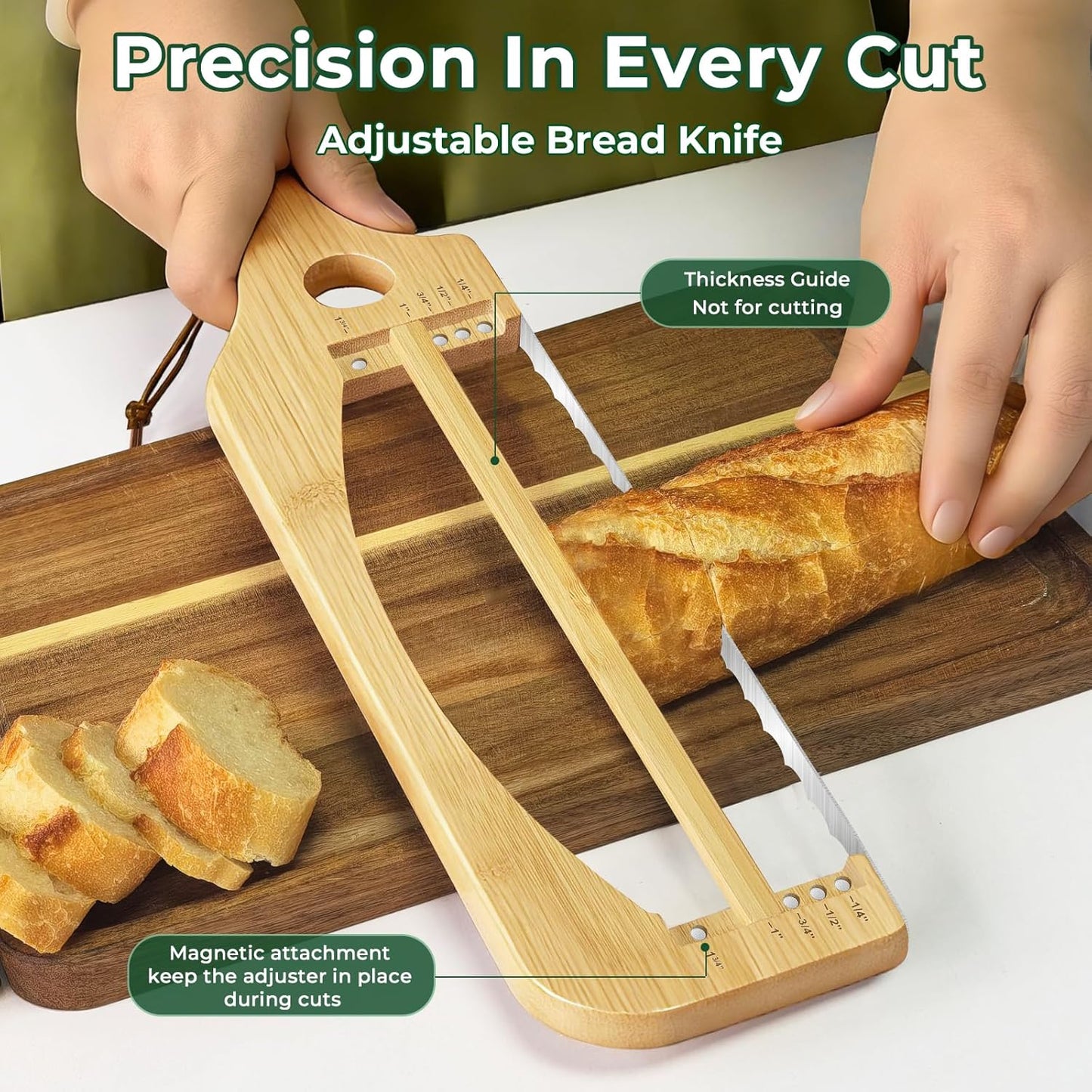 Adjustable Bread Slicer for Homemade Bread, 16.5'' Sourdough Bread Knife with Magnetic Adjustment Mechanism 5 Thickness Guides, Stainless Steel Serrated Bread Cutter for Bagels, Baguettes and More