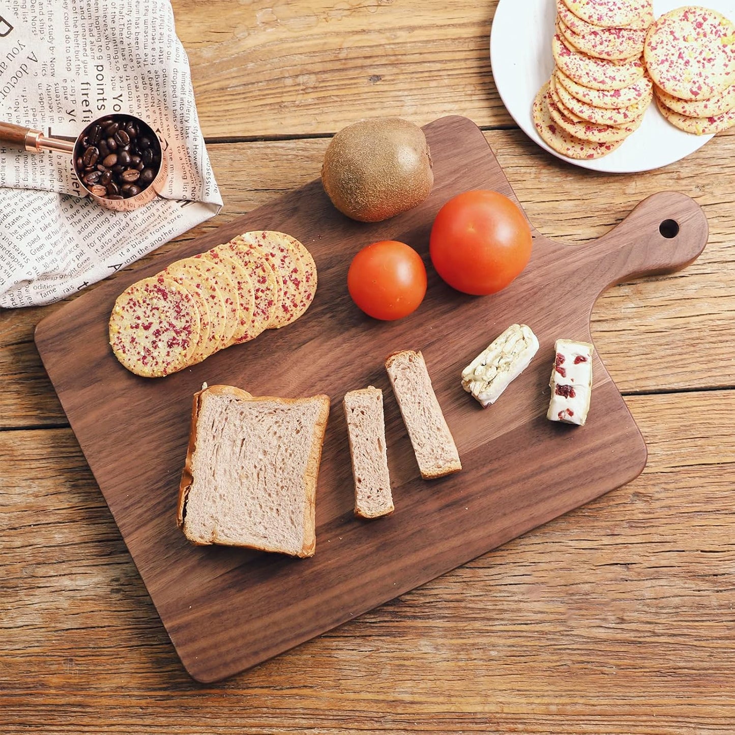 Muso Wood Small Cutting Board with Handle, Walnut Wooden Chopping Boards for Bread, Vegetables & Fruits, Dinner Cheese Board with Hole(15.2x7.3 Inches)
