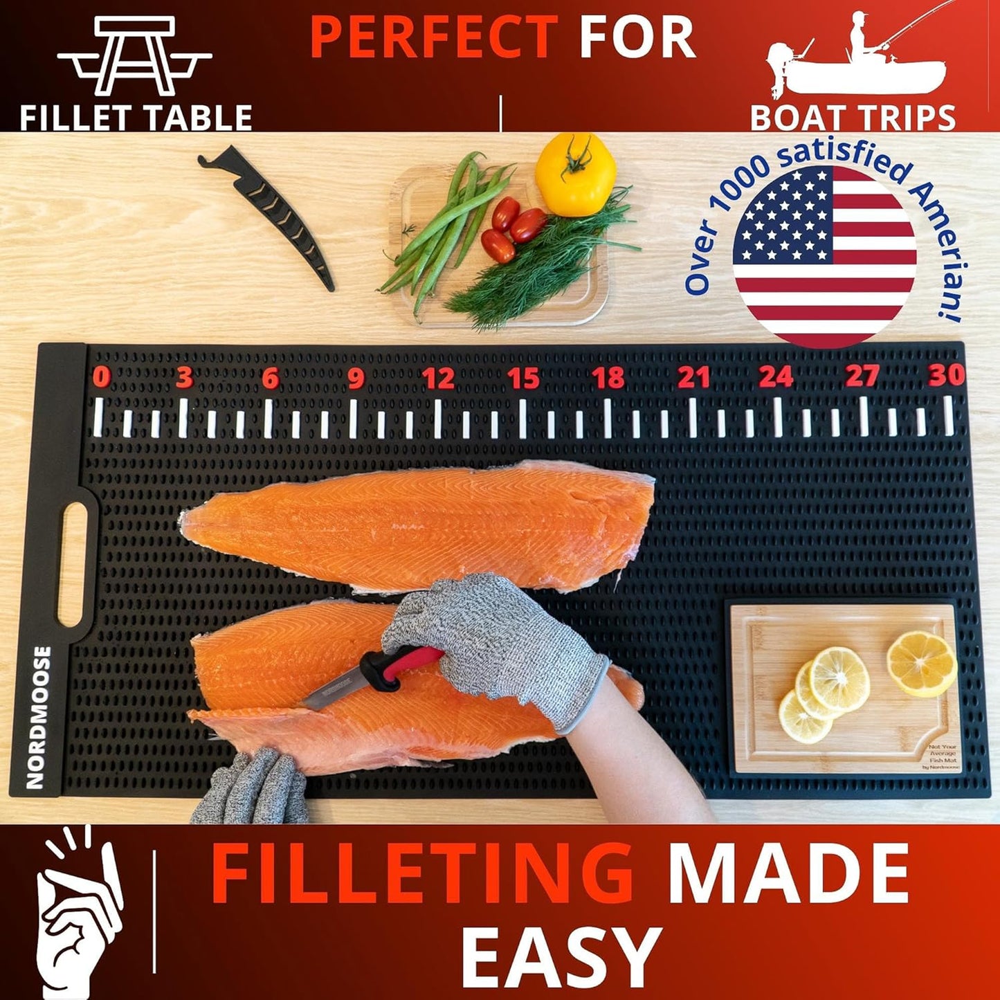 Fish Fillet Mat Kit with Fish Ruler Decal and Fillet Knife, Cutting Gloves. Large 28"x14" Nonslip Fish Cleaning Mat that Grips the Fish - Durable & Easy to Clean, Portable Fish Cutting Board