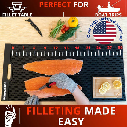 Fish Fillet Mat Kit with Fish Ruler Decal and Fillet Knife, Cutting Gloves. Large 28"x14" Nonslip Fish Cleaning Mat that Grips the Fish - Durable & Easy to Clean, Portable Fish Cutting Board