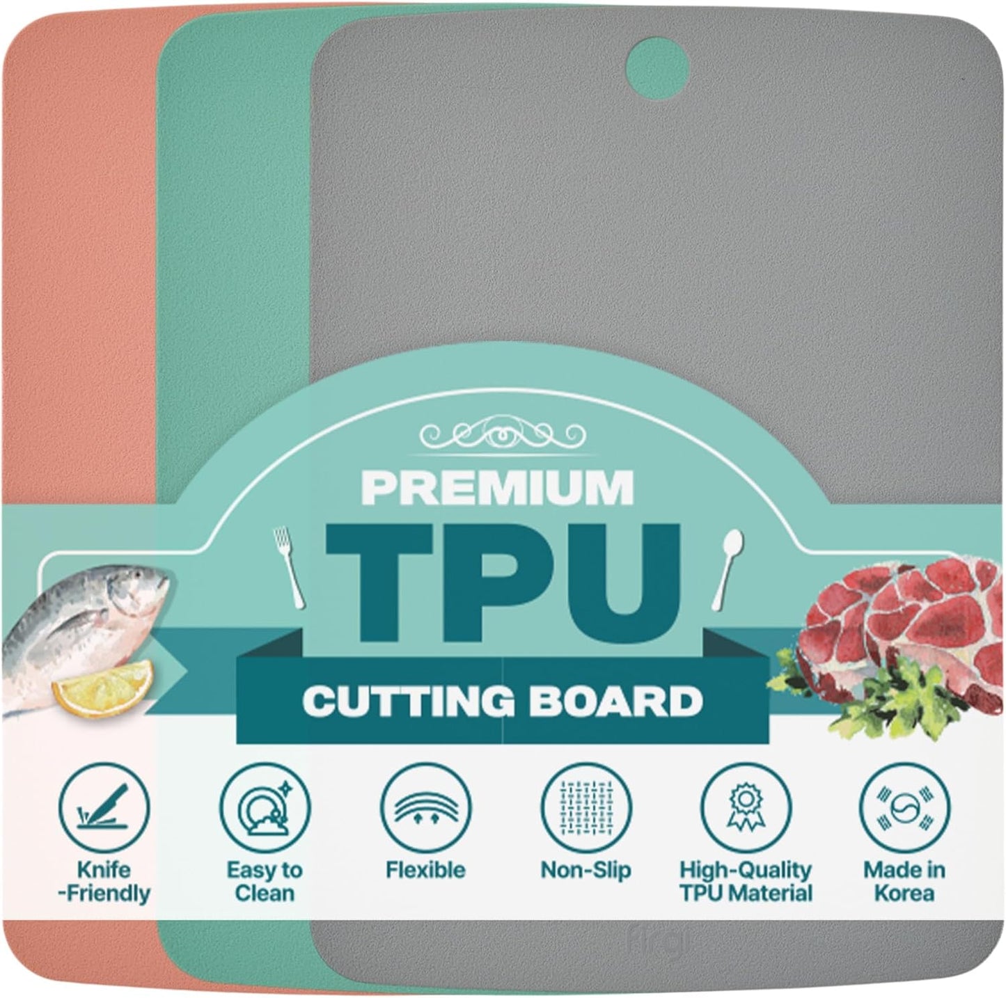 TPU Cutting Board Set of 2 11" x 16" with Handle Juice Groove - Flexible Cutting Mats for Kitchen, Knife Friendly Non-Slip Chopping Board, Scratch Resistant Blue Gray