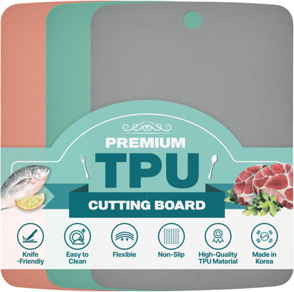 TPU Cutting Board Set of 2 11" x 16" with Handle Juice Groove - Flexible Cutting Mats for Kitchen, Knife Friendly Non-Slip Chopping Board, Scratch Resistant Blue Gray