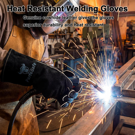 Welding Gloves 14 Inches, Heat Resistant 932 Leather Welders Gloves for MIG, TIG, Stick, Long Sleeve Grill Gloves for Welding, Fireplace, BBQ, Oven, Furnace, Wood Stove, Animal Handling Grey