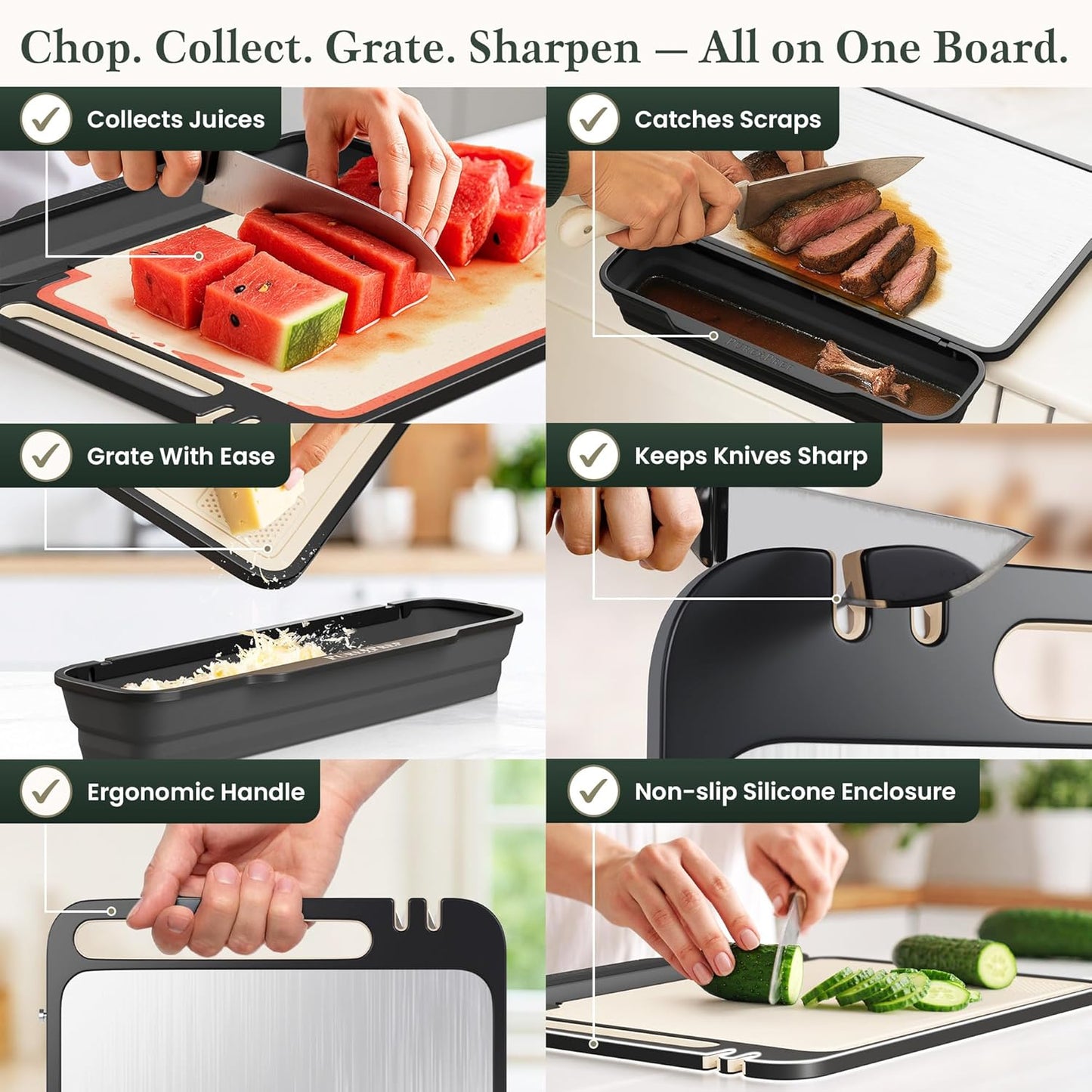 PURE-PREP Titanium Cutting Board - Double-Sided Design with Titanium Cutting Board and Wheat Straw PP for Kitchen Use - Chopping Board with Collapsible Catch, Grater, Knife Sharpener - Large 16”x11”