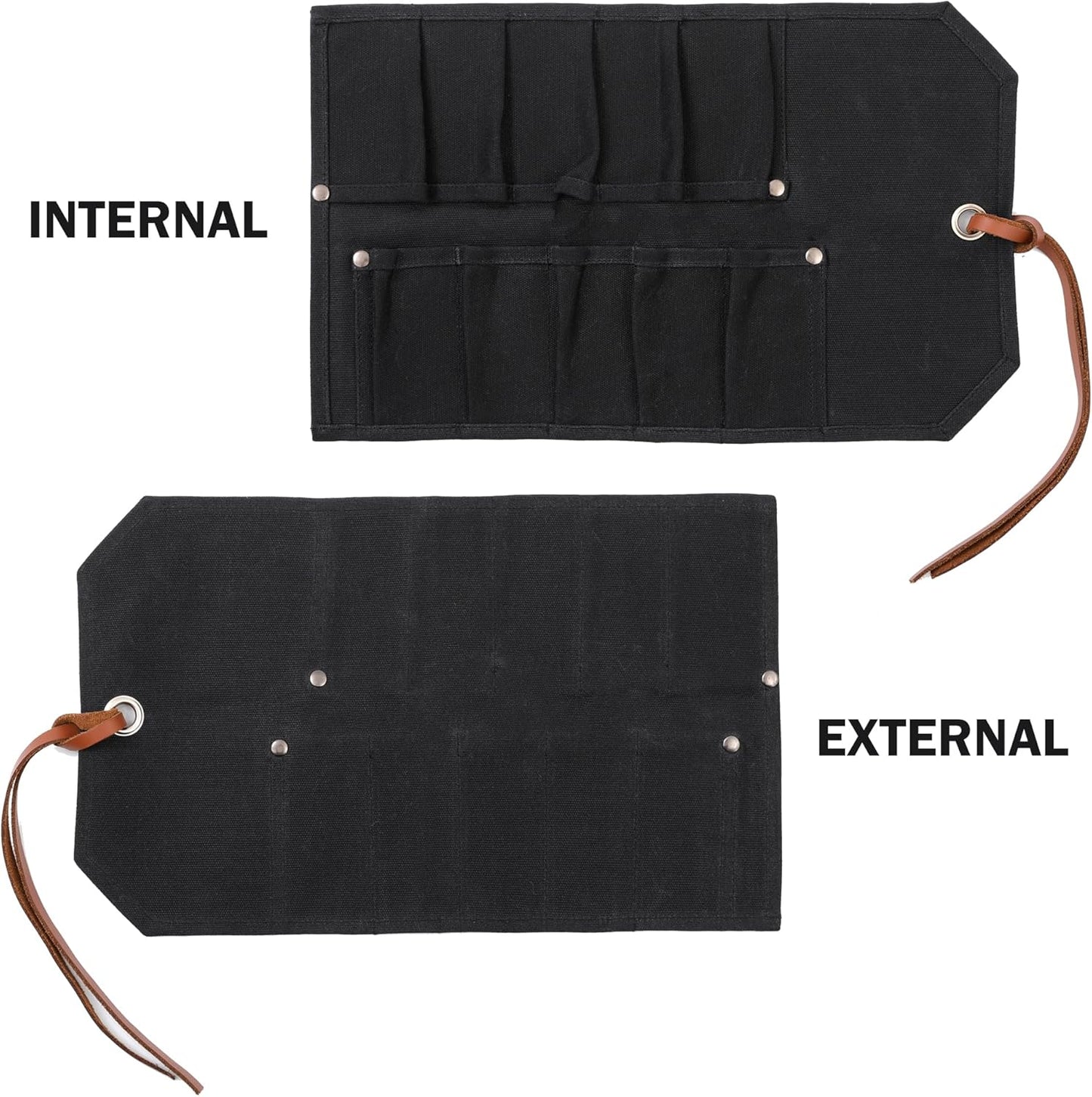 Multi-Function Chisel Roll, Heavy Duty 16oz Waxed Canvas Tool Storage Bag, Sturdy Tool Carrier with 10 Slots for Chisel Wrench Screwdriver | Dark Green