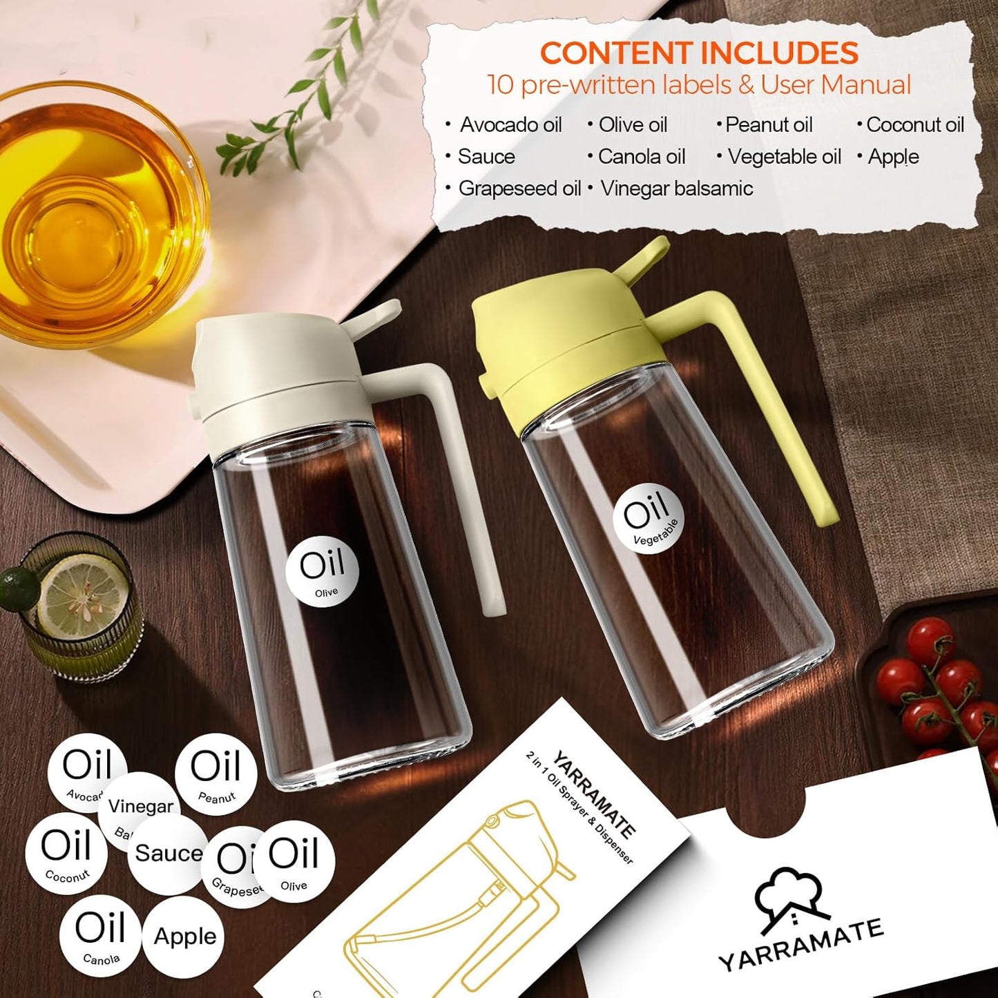 YARRAMATE 16oz/470ml Glass Olive Oil Sprayer for Cooking with Stickers, 2 in 1 Oil Dispenser for Kitchen Gadgets, Food Grade Premium Spray Bottle for Salad, Frying, BBQ (Creamy White)