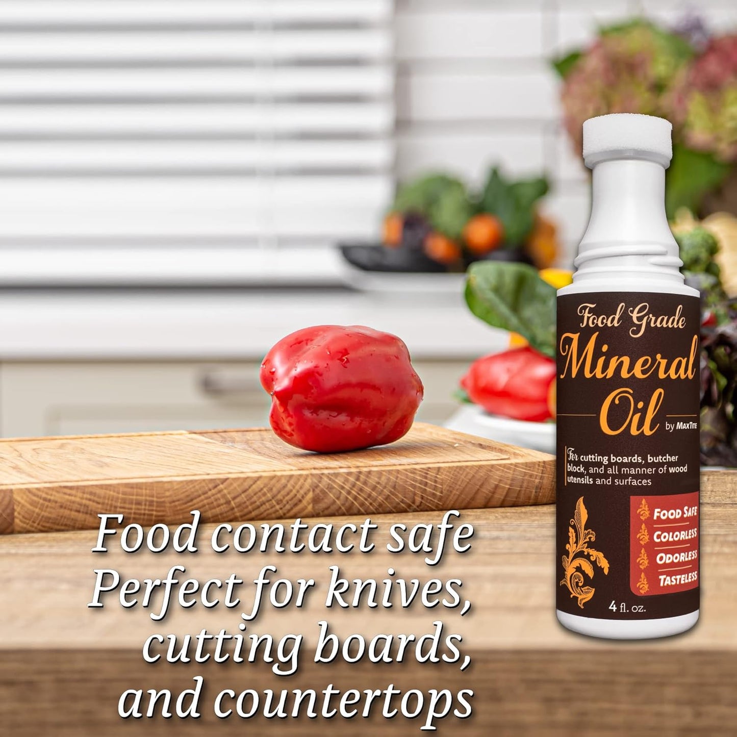 MAXTITE Easy-Applicator Mineral Oil for Cutting Boards and All Wood Care, Ultrapure Food Grade (4oz with Foam Applicator Tip) Made in USA