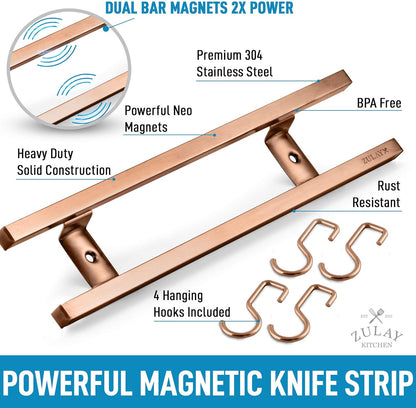 Zulay (12 Inch) Stainless Steel Magnetic Knife Holder For Wall - Powerful Knife Magnetic Strip With Extra Hanging Hooks - Wall Mount Magnetic Knife Strip & Organizer For Kitchen & Tools (Gold)