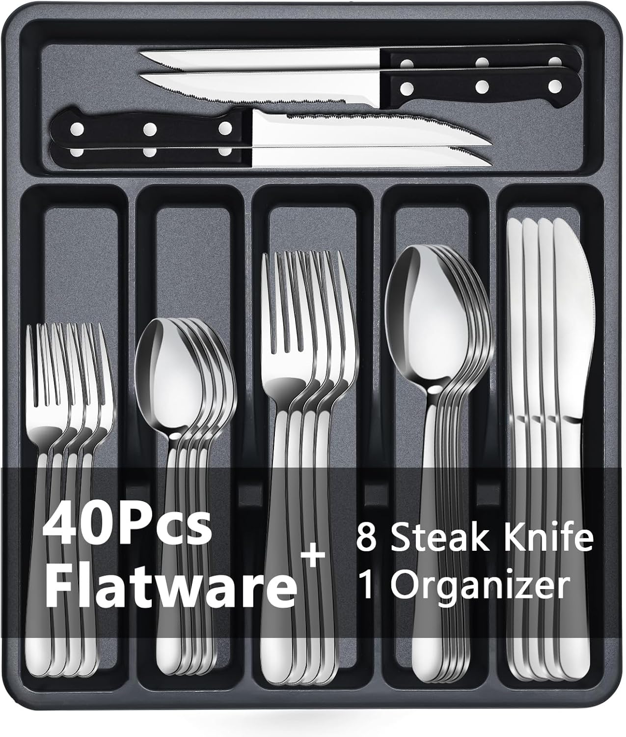 BEWOS 49 PCS Silverware Set - Stainless Steel Silverware Set with Organizer for 8, Flatware Set Included Steak Knives and Drawer Organizer, Mirror Polished, Dishwasher Safe