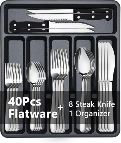BEWOS 49 PCS Silverware Set - Stainless Steel Silverware Set with Organizer for 8, Flatware Set Included Steak Knives and Drawer Organizer, Mirror Polished, Dishwasher Safe