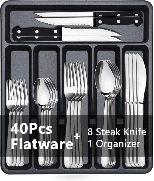 BEWOS 49 PCS Silverware Set - Stainless Steel Silverware Set with Organizer for 8, Flatware Set Included Steak Knives and Drawer Organizer, Mirror Polished, Dishwasher Safe