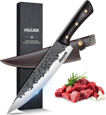 Huusk Hand Forged Chef Knife Set, High Carbon Steel Butcher Knife Set, Japanese Kitchen Knives for Home, Outdoor BBQ Camping Cooking, Gift Idea for Men
