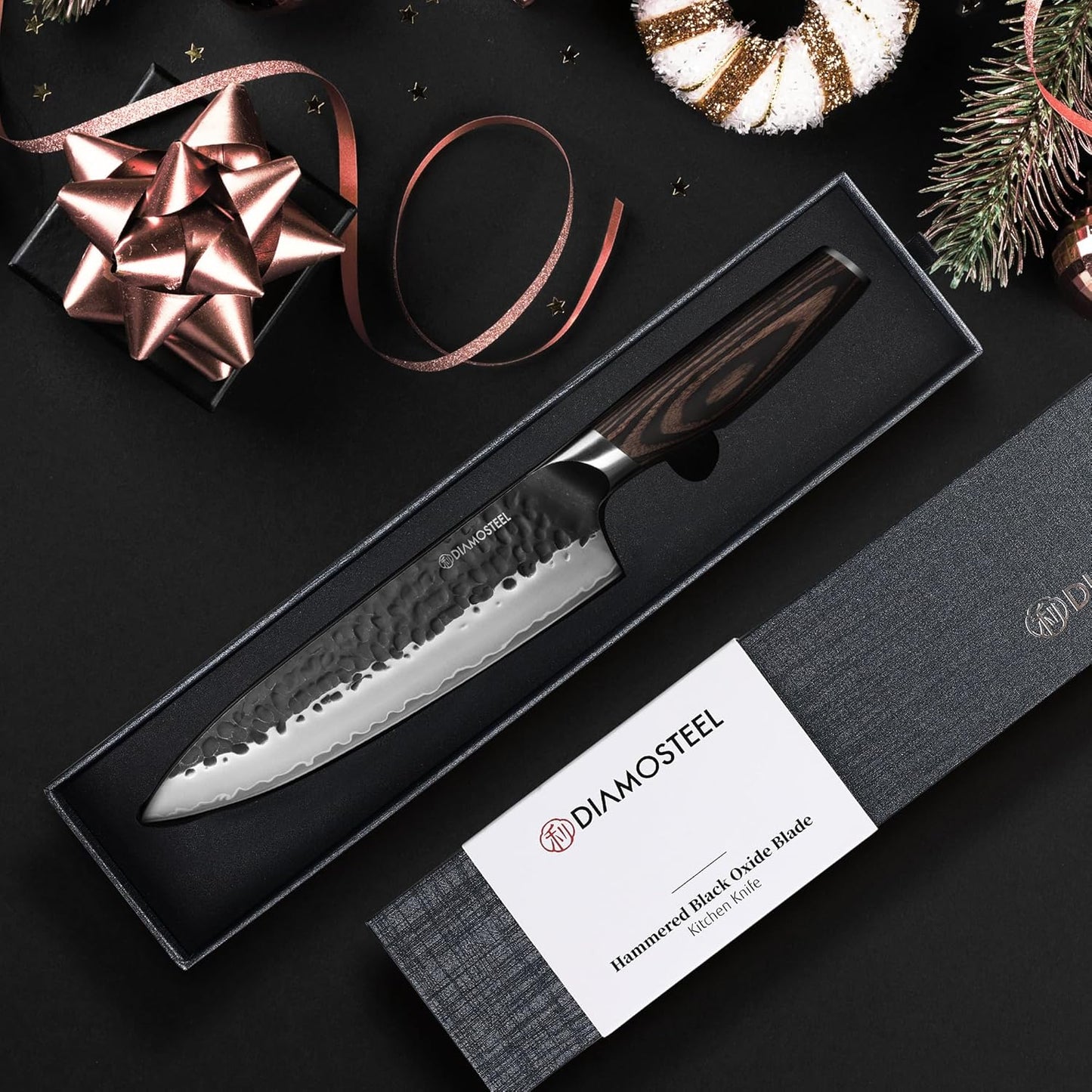 Santoku Knife - 7-Inch Professional Kitchen Knife - Hammered Black Oxide Blade Japanese 9CR18MOV High Carbon Stainless Steel Sharp Chef Knife - Ergonomic Pakkawood Handle with Present Box