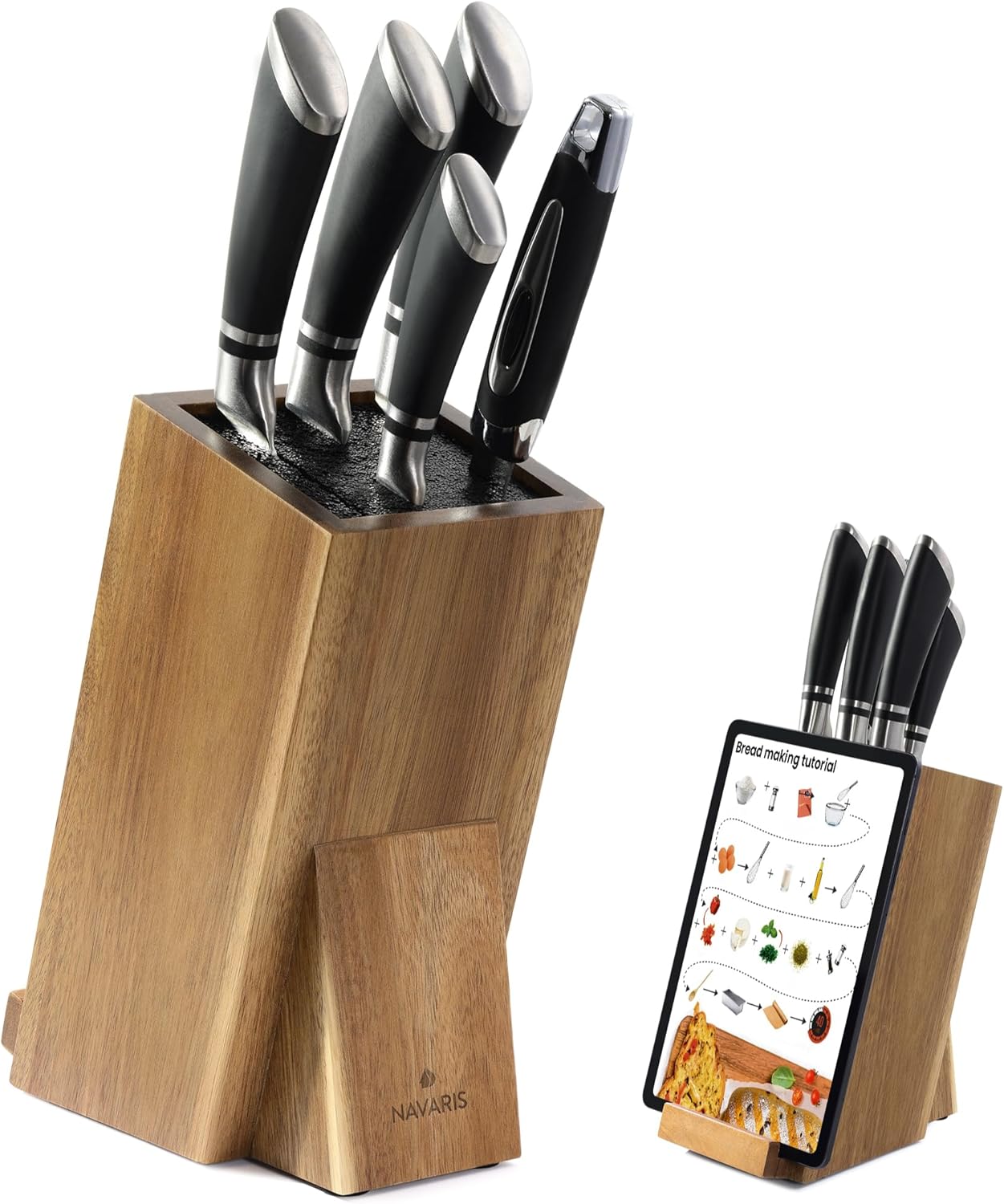 Navaris Universal Knife Block Holder - Rubber Wood Stand with Bristles to Fit Different Sizes of Knives - Angled Design, 9.8" x 5.9" x 4.1’" - Black