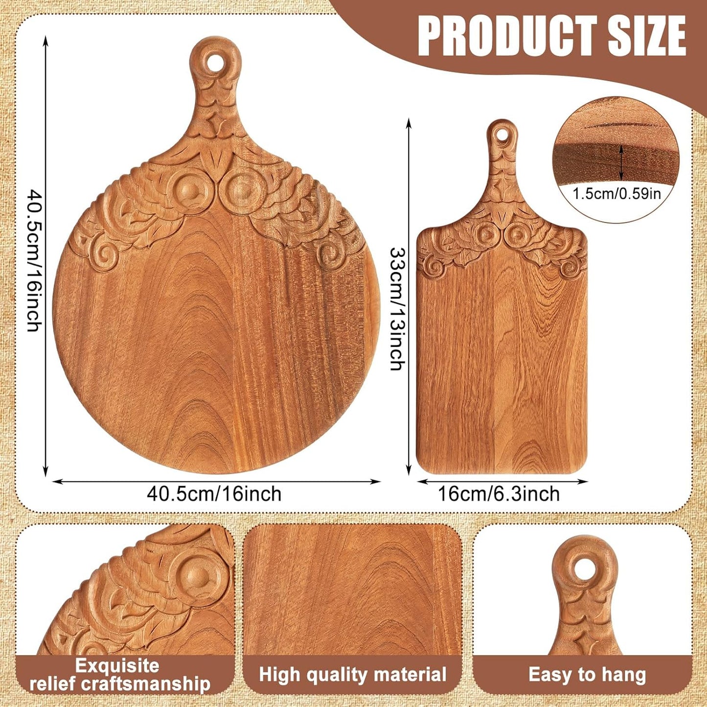 LemonRoad 2 Pcs Wood Chopping and Serving Tray Carved Cutting Board with Handle Kitchen Charcuterie Board Butcher Block Serving Tray for Cheese Meat Fruit Pizza Bread Baking 16 x 12 Inch, 14 x 10 inch