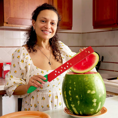 17 Inch Long Watermelon Knife with Protective Sleeve, Serrated Stainless Steel Fruit Slicer, Ergonomic Handle Cutter for Melon, Bread, Cake, Outdoor BBQ & Picnic