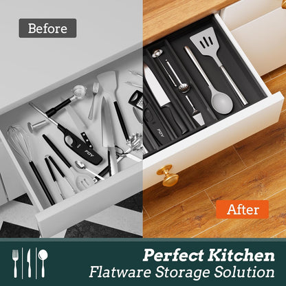 Silverware Organizer Large, Magnetic Connected Expandable 11 Slots Silverware Drawer Organizer From 21 to 37.4 Inches, Adjustable Flatware and Cutlery Holder, Bamboo Utensil Tray for Kitchen Natural
