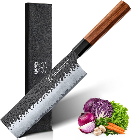 FAMCÜTE 7 Inch Japanese Nakiri Knife, Hand Forged 5 Layers High Carbon 9CR18MOV Steel Rosewood Handle Chef Knife, Efficiency Cutting Professional Japanese Knife, A Thoughtful Father’s Day Gift for Men