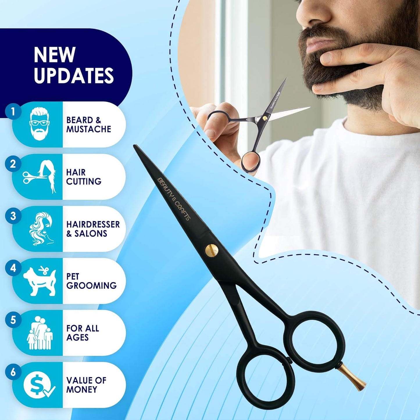 Beauty & Crafts 5” Professional Beard & Mustache Scissors for Men | German Stainless Steel Beard Trimming Shears with 2 Mustache Combs & Premium Pouch for All Facial Hair (Black)