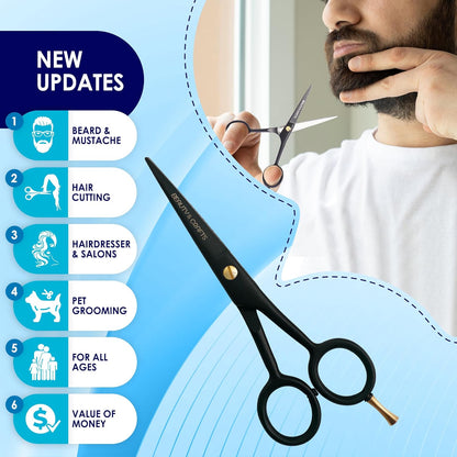 Beauty & Crafts 5” Professional Beard & Mustache Scissors for Men | German Stainless Steel Beard Trimming Shears with 2 Mustache Combs & Premium Pouch for All Facial Hair (Black)
